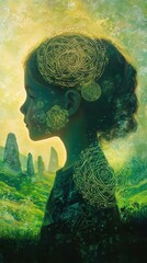 Poster - Child's profile illuminated by nature's magic in a tranquil landscape with ancient stones
