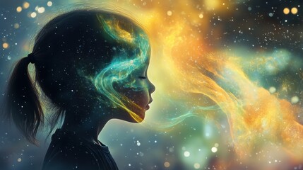 Leinwandbilder - Mystical visualization of a child's silhouette surrounded by colorful cosmic elements and glowing stars