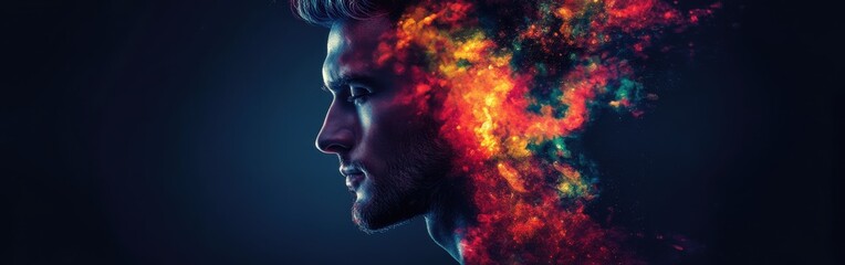 Aufkleber - Mystical profile of a man surrounded by vibrant cosmic energy representing creativity and imagination