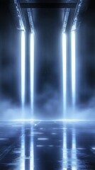 Poster - Moody navy and silver backdrop illuminated with glowing beams and mist creating an ethereal atmosphere in a dark setting