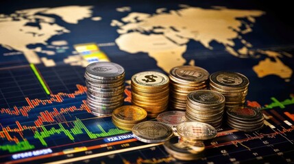 Leinwandbilder - Global Forex trading insights with currency stacks and market trends displayed on a world map background