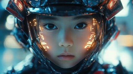 Leinwandbilder - Dynamic expression of a child's face in a futuristic setting with vibrant technology elements
