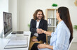 © Studio Romantic - Two satisfied colleagues hold online meeting with business representatives and shake hands after successful deal. Smiling people sitting in front of computer and congratulating each other on success.