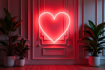 Wall Mural - Contemporary interior with glowing heart neon light on elegant wall and potted plants