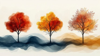 Canvas Print - Three autumn trees on misty hills.