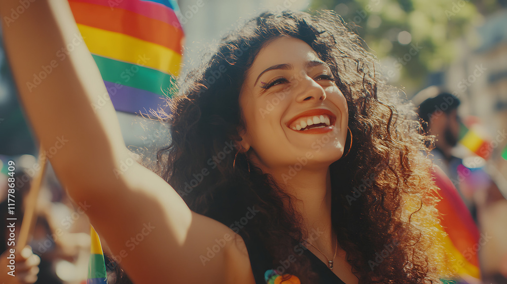 Beautiful woman with curly hair celebrating a pride parade, holding a ...