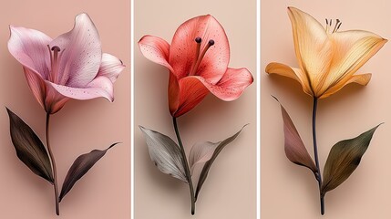 Wall Mural - Three lilies in pink, red, and yellow hues on a peach background.