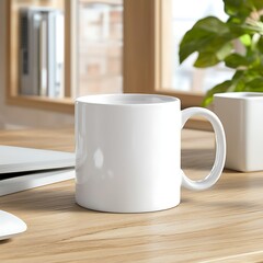 Poster - White coffee mug on wooden desk near laptop and plant.