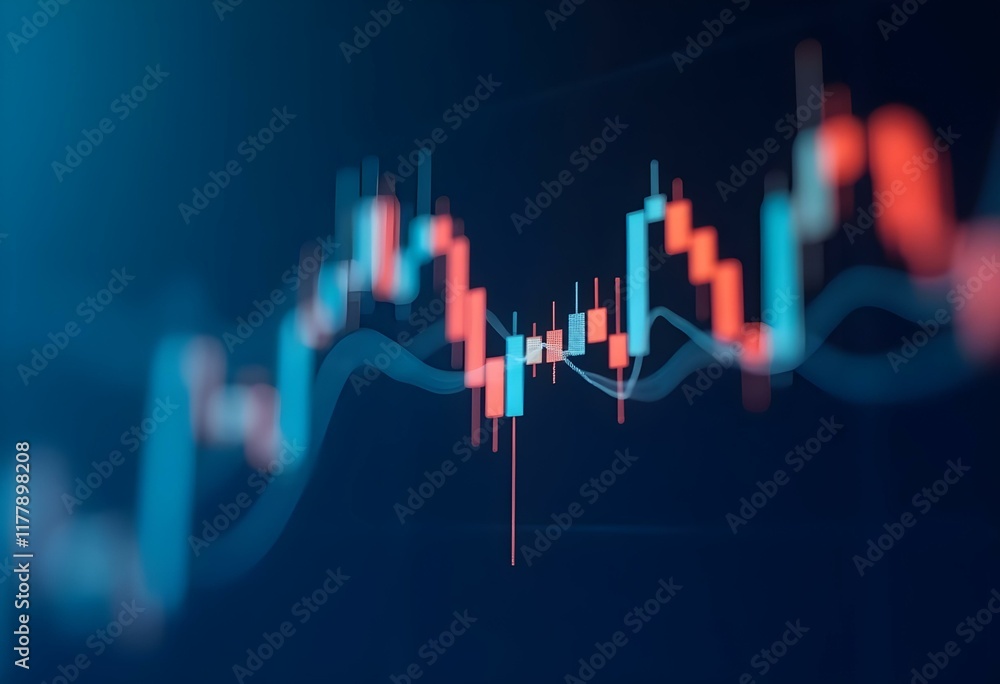 Stock market chart with candlestick patterns on dark blue background ...