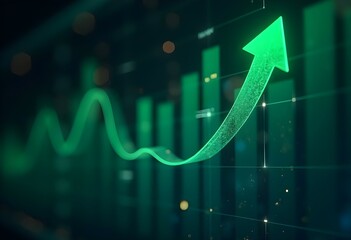 green arrow pointing upward on financial graph. business growth chart with rising trend line. digita