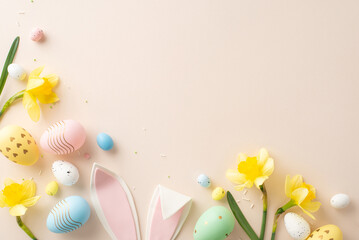 Wall Mural - colorful easter decorations including painted eggs, bunny ears, and daffodils are arranged creativel