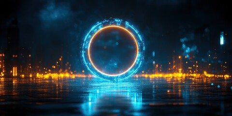 Wall Mural - futuristic glowing portal amidst a neon landscape with reflective surfaces and digital effects at ni