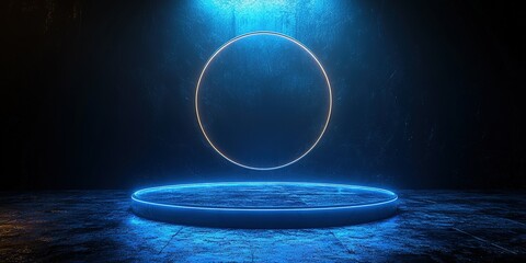 Wall Mural - circular neon light installation in a dark, textured setting creates a futuristic atmosphere for art