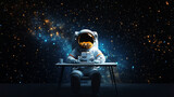 Astronaut sits at home computer in front of a starry galaxy background while checking ai data