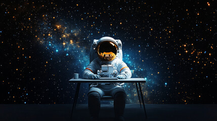 astronaut sits at home computer in front of a starry galaxy background while checking ai data