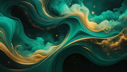 Wall Mural - Abstract surreal galaxy with bold golden waves and faint emerald mist trailing softly