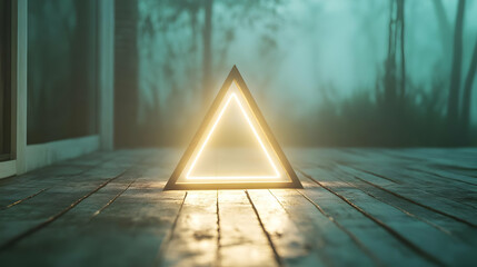 Wall Mural - Glowing triangle on wooden deck, misty forest background.  Use  Website banner, mystical design