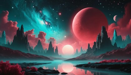 Wall Mural - Dreamy cosmic setting with glowing turquoise and crimson hues on a hazy black canvas