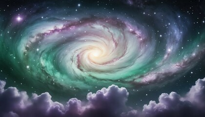 Wall Mural - Dreamy galaxy with soft emerald and pale lavender ripples under glowing white stars