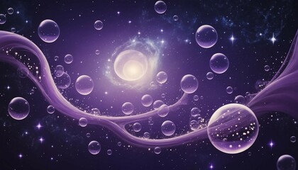 Wall Mural - Dreamy surreal starry background with floating bubbles and deep violet swirls