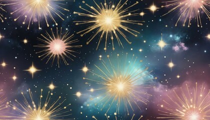 Wall Mural - Ethereal dreamy galaxy with floating golden halos and scattered pastel starbursts