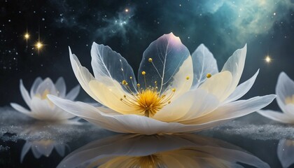 Wall Mural - Ethereal galaxy scene with floating glass-like petals and subtle yellow cosmic fog