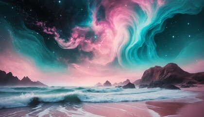 Wall Mural - Ethereal galaxy scene with rippling pink and teal waves in a surreal starry haze