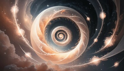 Wall Mural - Ethereal galaxy with soft peach spirals and floating silver shards of light