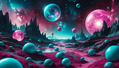 Wall Mural - Galaxy scene with surreal glowing spheres and pulsating magenta and turquoise hues