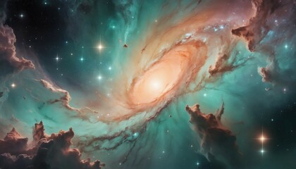 Wall Mural - Galaxy with surreal shifting mint and peach tones under a radiant celestial glow