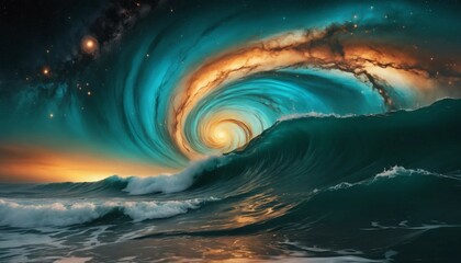 Wall Mural - Galaxy with surreal swirling teal waves and faint amber sparkles over a dark horizon