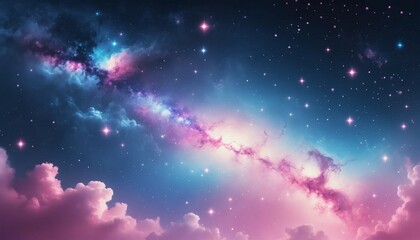 Wall Mural - Glowing galaxy with a dreamy gradient of pink and blue, scattered with bright stars