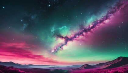 Wall Mural - Glowing galaxy with bold fuchsia and pale green colors fading into a dreamy horizon