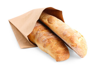 Paper bag with fresh baguettes isolated on white