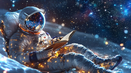 Wall Mural - astronaut relaxes in chair by window while gazing at starry space