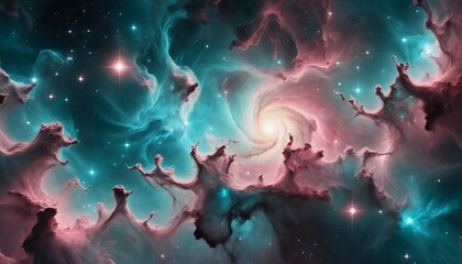 Wall Mural - Soft ethereal galaxy scene featuring turquoise and rose-toned nebulae