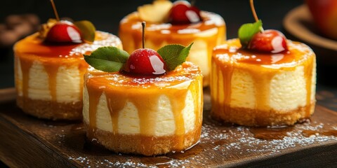 Wall Mural - Deliciously crafted mini cheesecakes topped with cherries and caramel served on a wooden platter