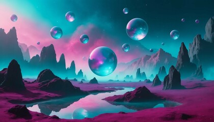 Wall Mural - Surreal cosmic scene with hovering opal-like spheres amidst teal and magenta mist