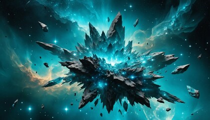 Wall Mural - Surreal galaxy featuring hovering crystalline shards amidst shimmering turquoise nebula