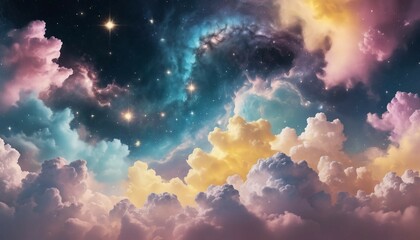 Wall Mural - Surreal galaxy filled with pastel yellow clouds and floating translucent star patterns
