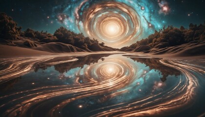 Wall Mural - Surreal galaxy filled with shimmering bronze ripples and floating pastel light beams