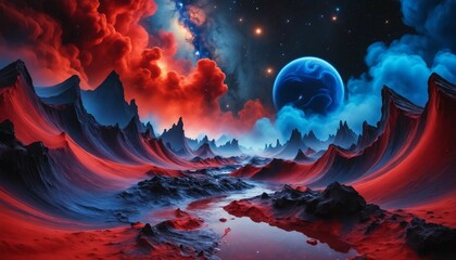 Wall Mural - Surreal galaxy scene with vibrant molten red and cobalt blue mist in cosmic waves
