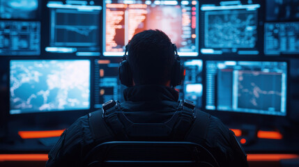 Cybersecurity team, Military surveillance officer working, back view