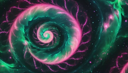 Wall Mural - Whimsical galaxy blending neon pink spirals with translucent green cosmic mists