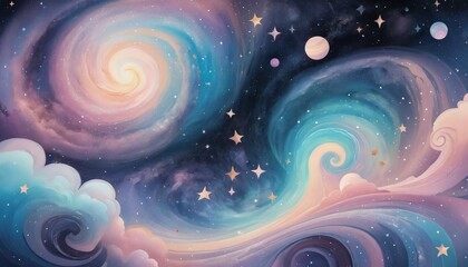 Wall Mural - Whimsical galaxy scene featuring iridescent stars and subtle pastel cosmic swirls