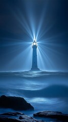 Wall Mural - Coastal lighthouse beam at night, ocean waves, website banner