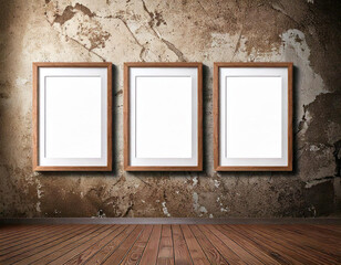 Wall Mural - Three empty wooden frames on the wall, Antique picture frame set, vintage frame mockup,  gold picture frame on dark retro wall 