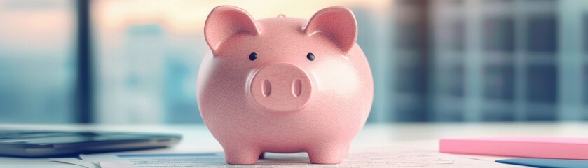 Sticker - A pink piggy bank sits on a desk, symbolizing savings and financial planning, with a blurred background of a modern workspace.