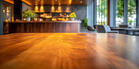 Wall Mural - Empty wooden table in modern cafe, blurred background