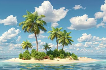 Wall Mural - A tranquil tropical island showcases swaying palm trees, clear turquoise waters, and a blue sky with fluffy clouds, forming a peaceful paradise.